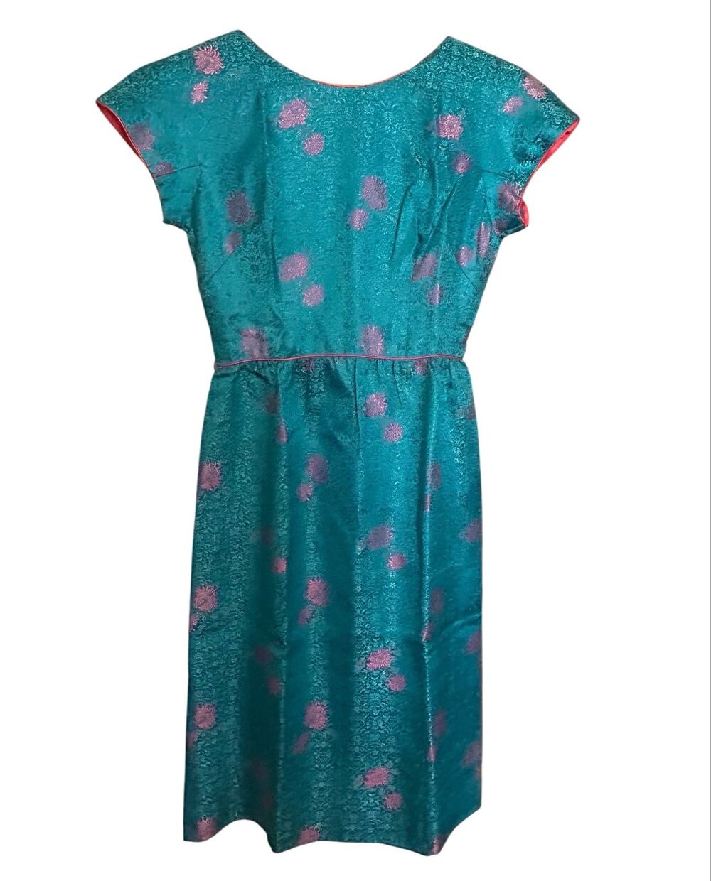 Vintage 60s Teal Jacquard Floral Dress Pink Piping Asian Inspired Womens XS -